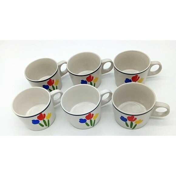 Vintage 1985 Newcor Japan Tulip Time Stoneware Coffee Tea Cups Lot of 6 - Picture 2 of 7